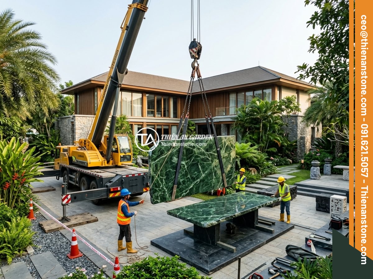 Chọn Kích Thước Sập Đá Phù Hợp Sân Vườn Biệt Thự: Hướng Dẫn Tối Ưu Diện Tích - Hình 8 Chọn Kích Thước Sập Đá Phù Hợp Sân Vườn Biệt Thự: Hướng Dẫn Tối Ưu Diện Tích - A crane lifting a massive natural stone slab table into position in a luxury Vie