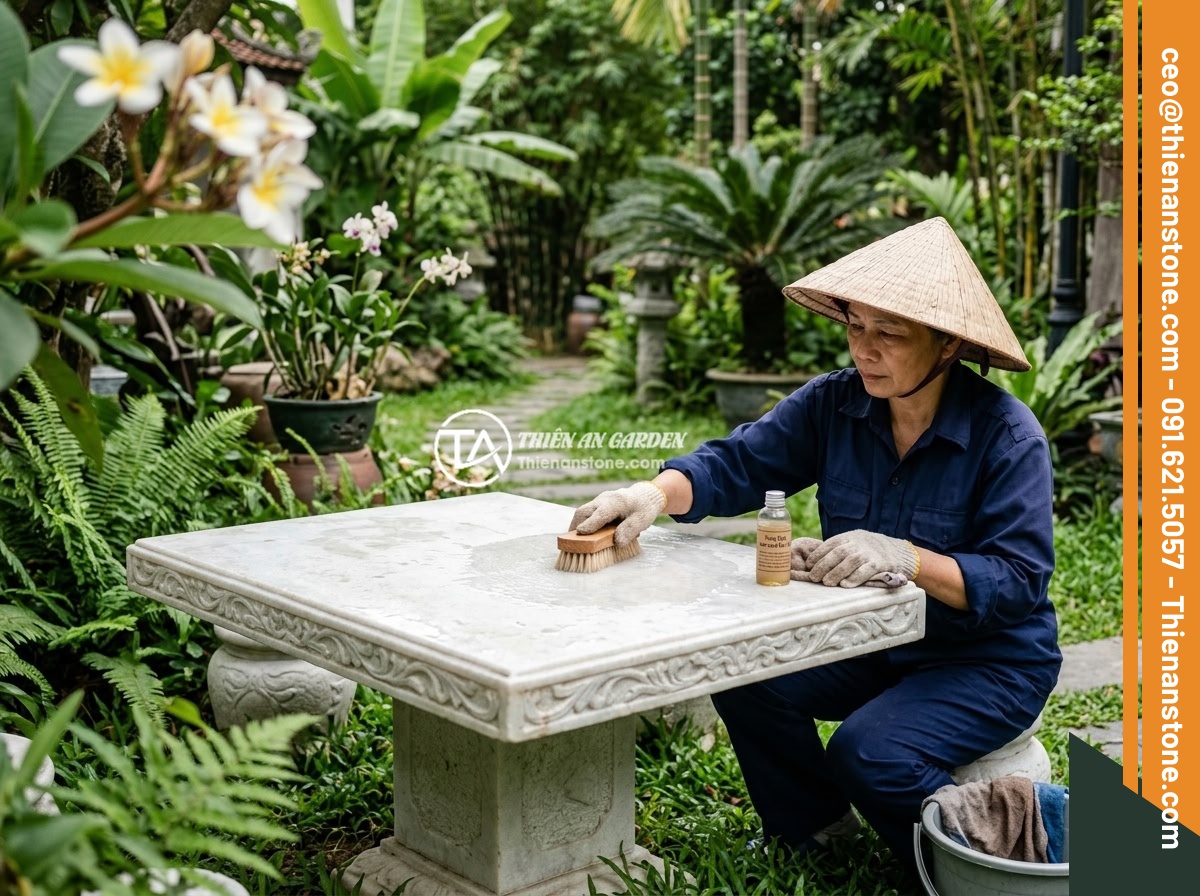 Chọn Kích Thước Sập Đá Phù Hợp Sân Vườn Biệt Thự: Hướng Dẫn Tối Ưu Diện Tích - Hình 9 Chọn Kích Thước Sập Đá Phù Hợp Sân Vườn Biệt Thự: Hướng Dẫn Tối Ưu Diện Tích - A gardener carefully cleaning and maintaining a carved natural stone slab table