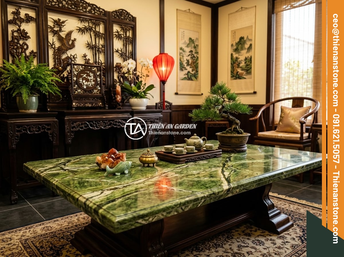 Chọn Sập Đá Hợp Mệnh Ngũ Hành Gia Chủ: Hướng Dẫn Phong Thủy Chi Tiết - Hình 1 Chọn Sập Đá Hợp Mệnh Ngũ Hành Gia Chủ: Hướng Dẫn Phong Thủy Chi Tiết - A luxurious natural stone table (sap da) placed in an elegant Vietnamese living