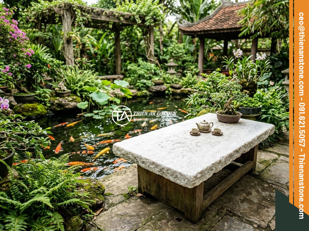 Chọn Sập Đá Hợp Mệnh Ngũ Hành Gia Chủ: Hướng Dẫn Phong Thủy Chi Tiết - Hình 11 Chọn Sập Đá Hợp Mệnh Ngũ Hành Gia Chủ: Hướng Dẫn Phong Thủy Chi Tiết - A beautifully maintained natural stone table in an outdoor Vietnamese garden set