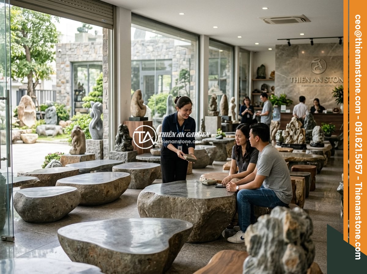 Chọn Sập Đá Hợp Mệnh Ngũ Hành Gia Chủ: Hướng Dẫn Phong Thủy Chi Tiết - Hình 12 Chọn Sập Đá Hợp Mệnh Ngũ Hành Gia Chủ: Hướng Dẫn Phong Thủy Chi Tiết - The Thien An Stone showroom exterior and interior, displaying various luxury nat