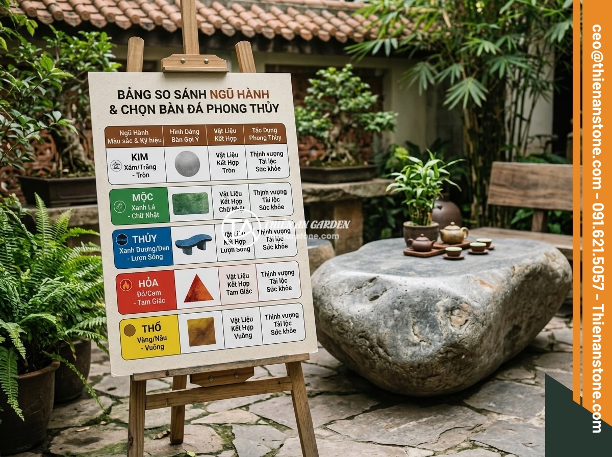 Chọn Sập Đá Hợp Mệnh Ngũ Hành Gia Chủ: Hướng Dẫn Phong Thủy Chi Tiết - Hình 4 Chọn Sập Đá Hợp Mệnh Ngũ Hành Gia Chủ: Hướng Dẫn Phong Thủy Chi Tiết - A detailed comparison table chart showing Five Elements compatibility for stone