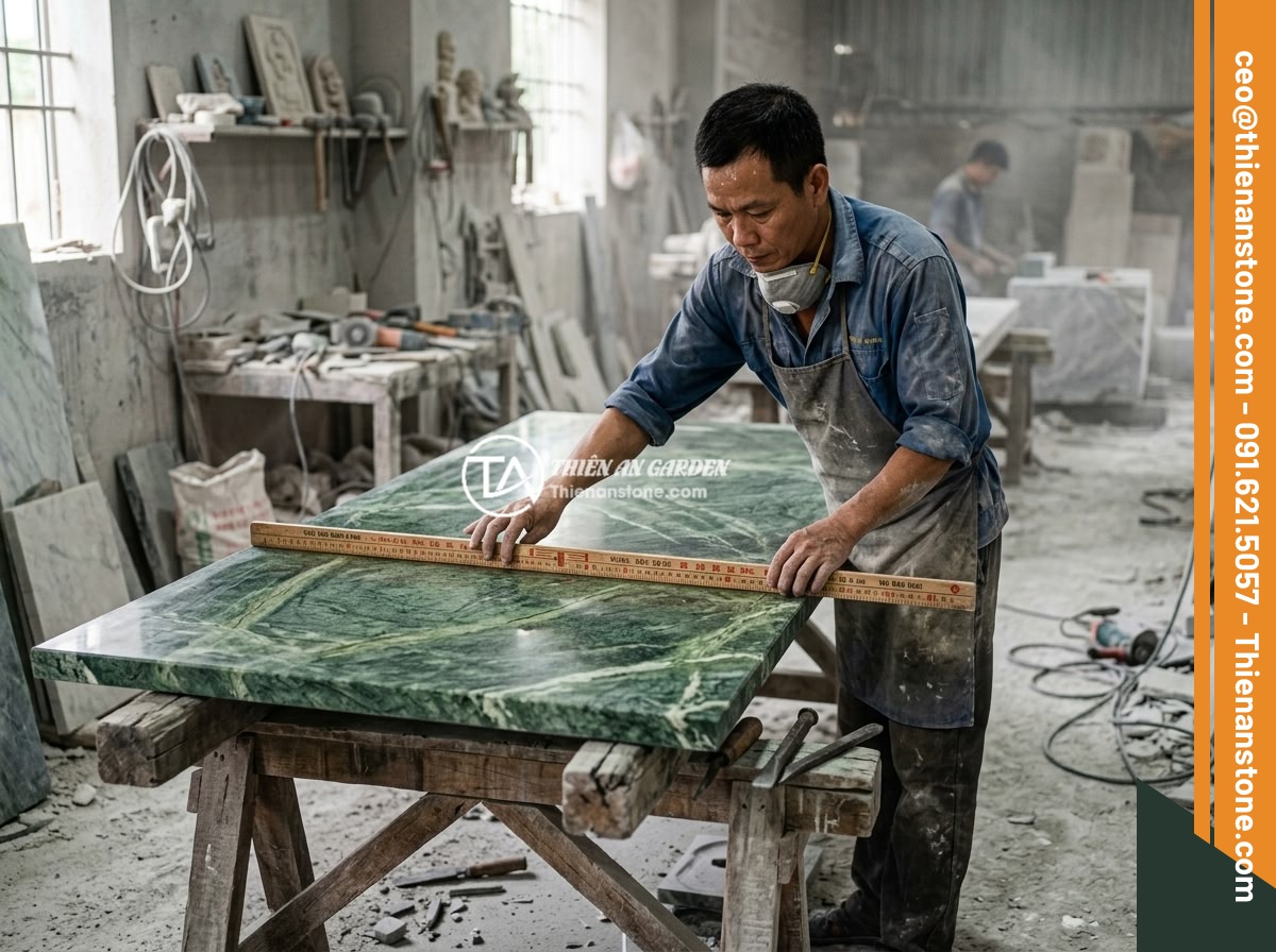 Chọn Sập Đá Hợp Mệnh Ngũ Hành Gia Chủ: Hướng Dẫn Phong Thủy Chi Tiết - Hình 9 Chọn Sập Đá Hợp Mệnh Ngũ Hành Gia Chủ: Hướng Dẫn Phong Thủy Chi Tiết - A Vietnamese craftsman measuring a large natural stone table with a Feng Shui Lo