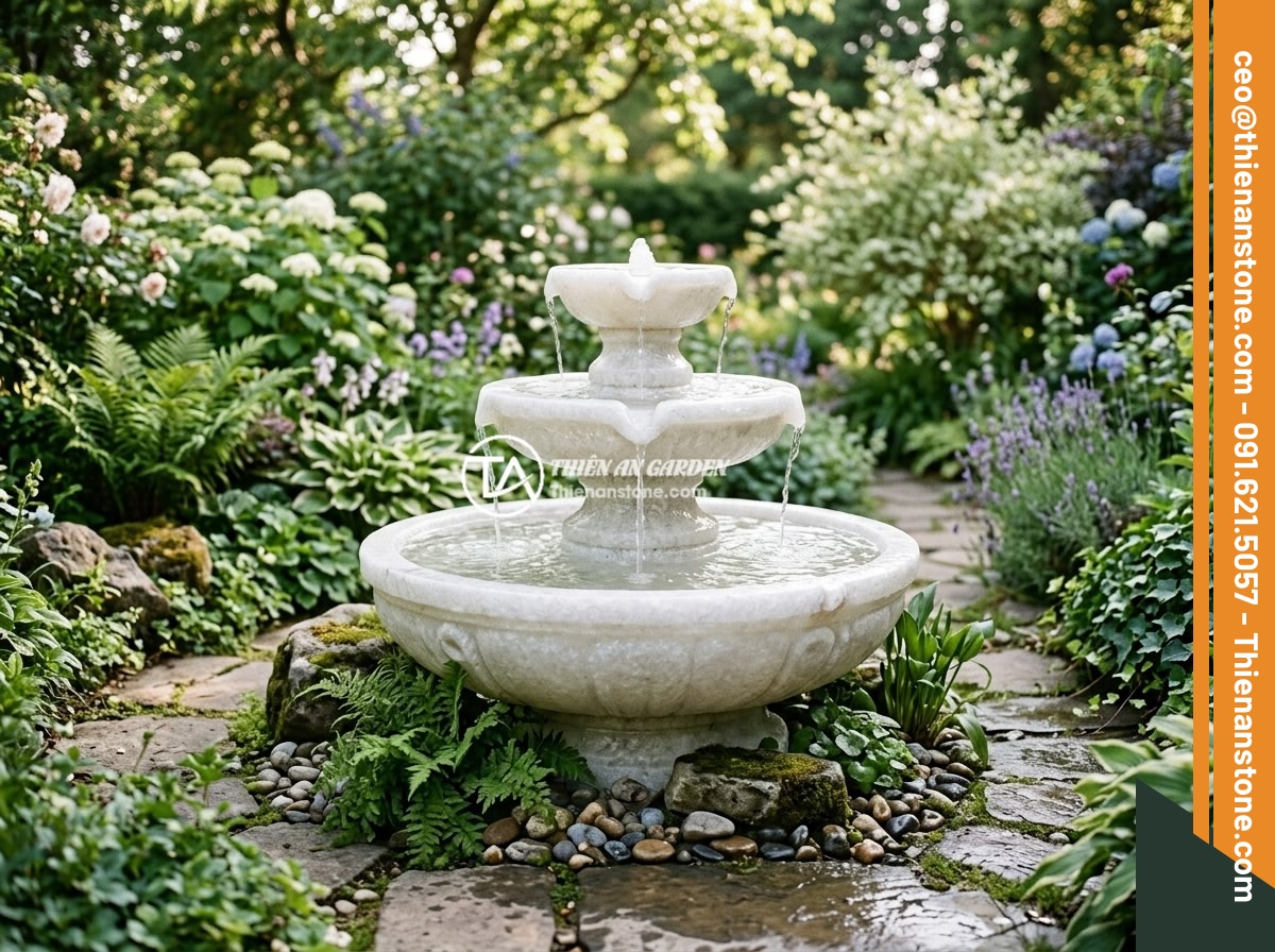 Đài Phun Nước Bằng Đá Bị Ồn Ào Khi Chạy: Nguyên Nhân & Cách Sửa Đơn Giản - A natural stone water fountain in a beautiful garden setting with water flowing 