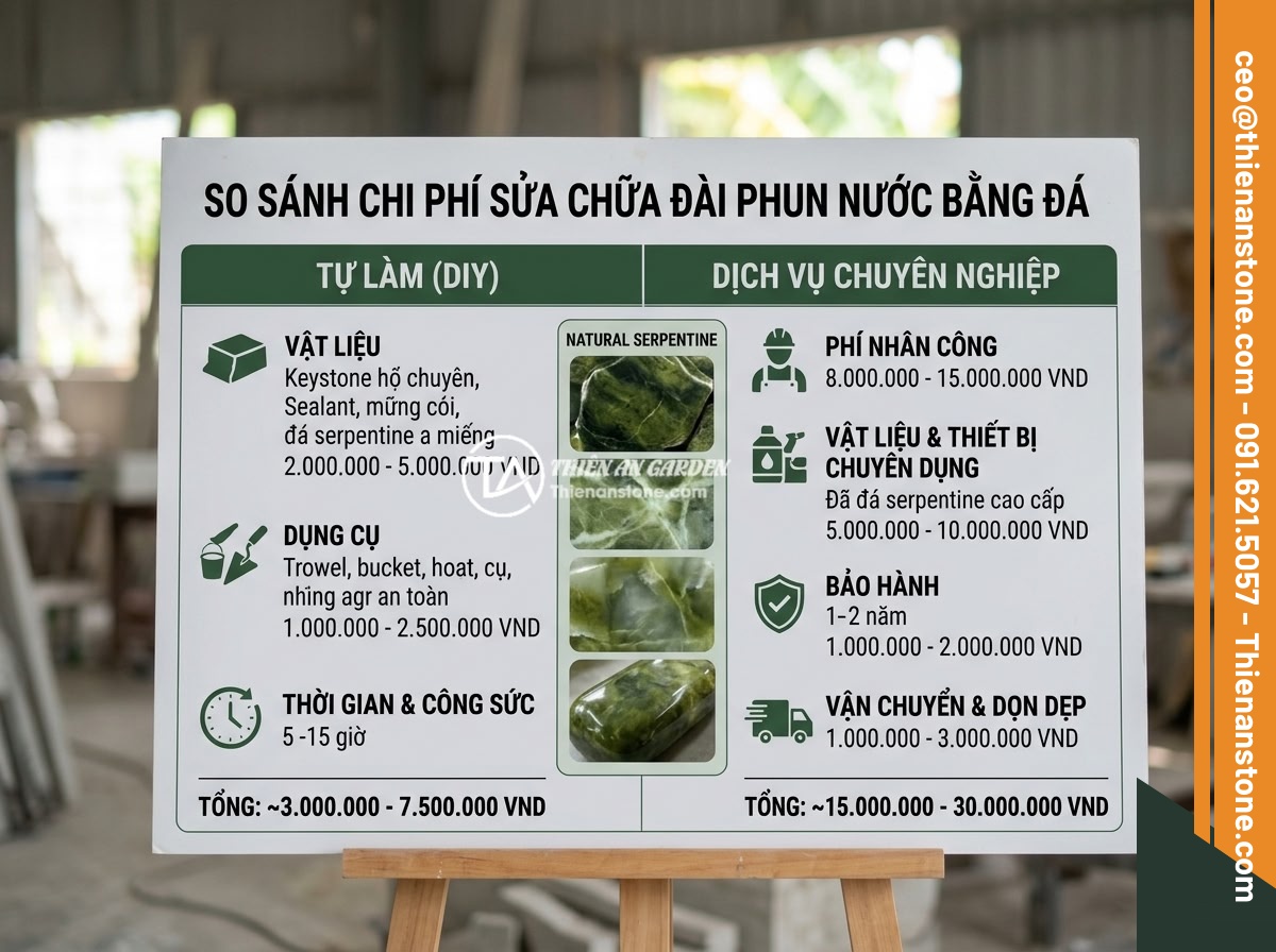 Đài Phun Nước Bằng Đá Bị Ồn Ào Khi Chạy: Nguyên Nhân & Cách Sửa Đơn Giản - Cost comparison infographic for stone fountain repair showing DIY vs professiona