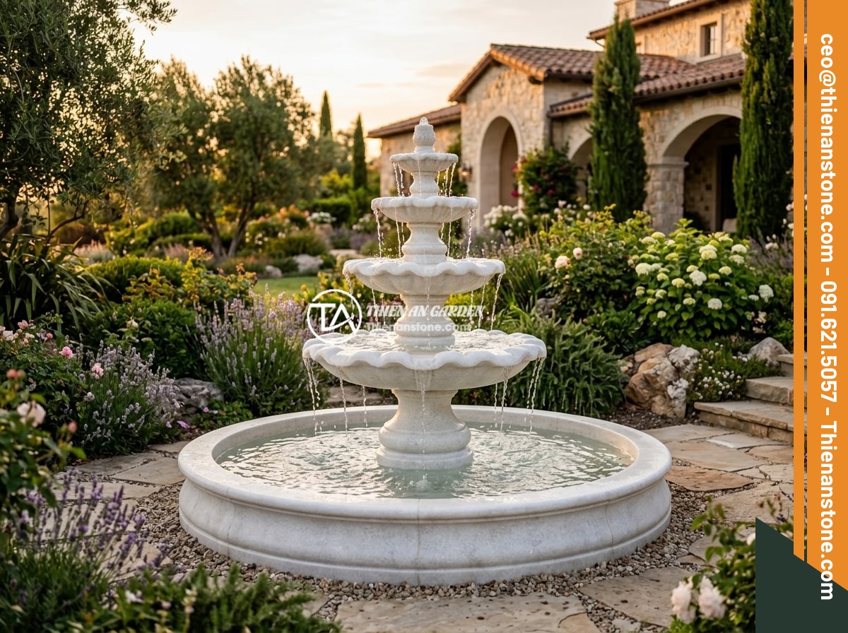 Đài Phun Nước Bằng Đá Bị Ồn Ào Khi Chạy: Nguyên Nhân & Cách Sửa Đơn Giản - Stunning completed natural stone water fountain in a luxury villa garden at gold