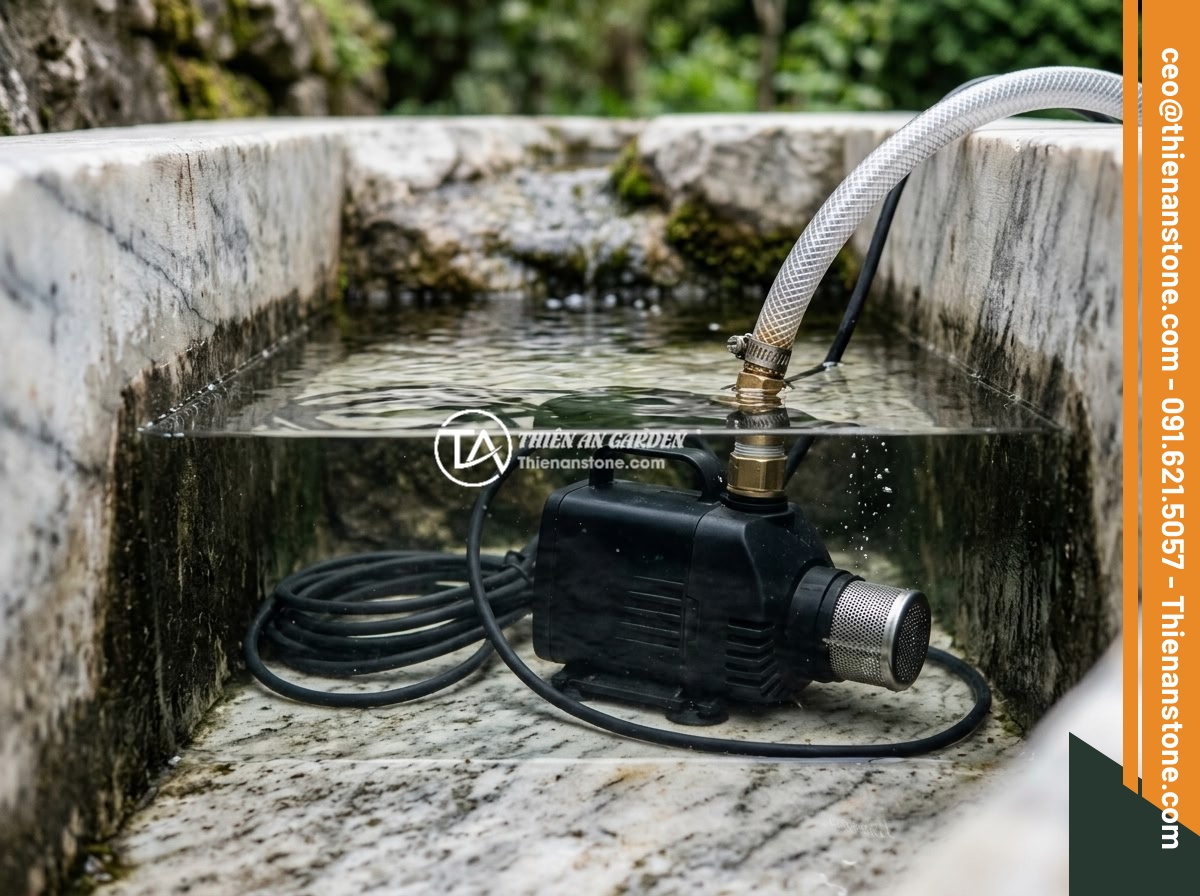 Đài Phun Nước Bằng Đá Bị Ồn Ào Khi Chạy: Nguyên Nhân & Cách Sửa Đơn Giản - Close-up view of a submersible water pump inside a stone fountain basin, showing
