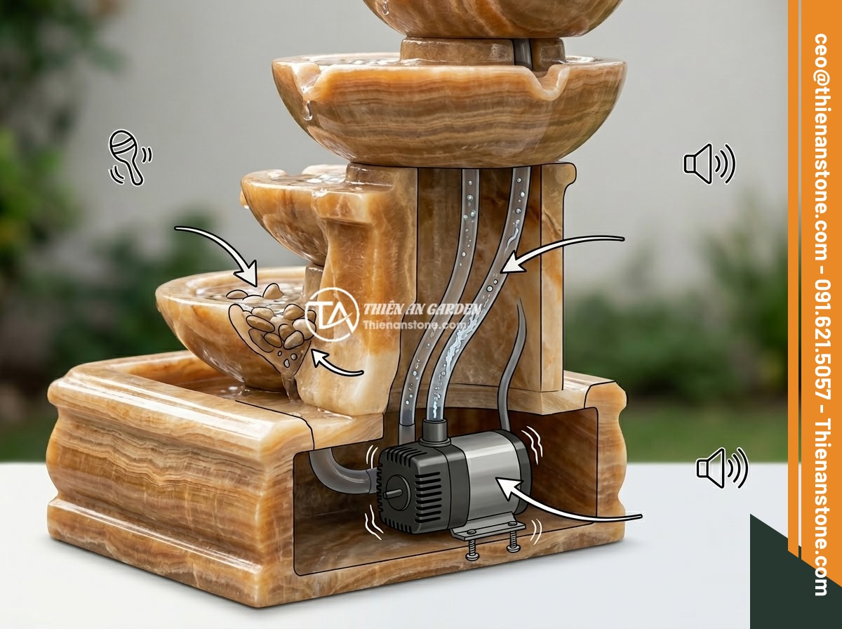 Đài Phun Nước Bằng Đá Bị Ồn Ào Khi Chạy: Nguyên Nhân & Cách Sửa Đơn Giản - Diagram showing common causes of noise in stone water fountains including loose 