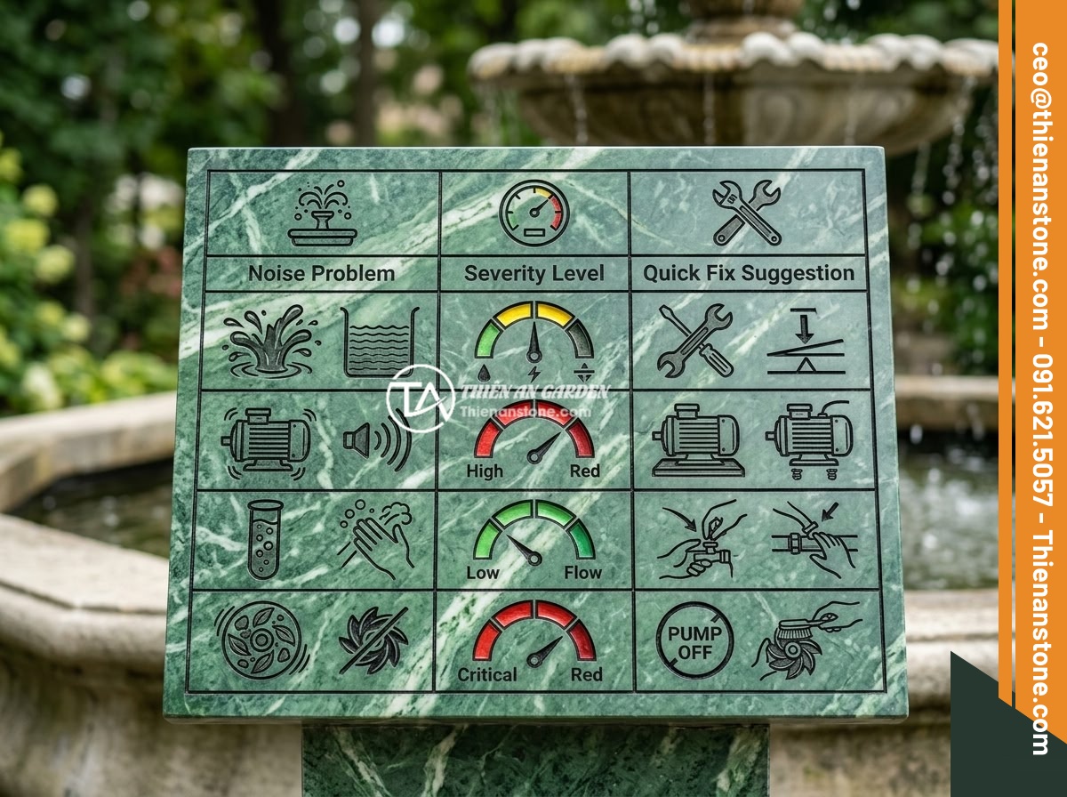 Đài Phun Nước Bằng Đá Bị Ồn Ào Khi Chạy: Nguyên Nhân & Cách Sửa Đơn Giản - An infographic table showing different types of stone fountain noise problems wi
