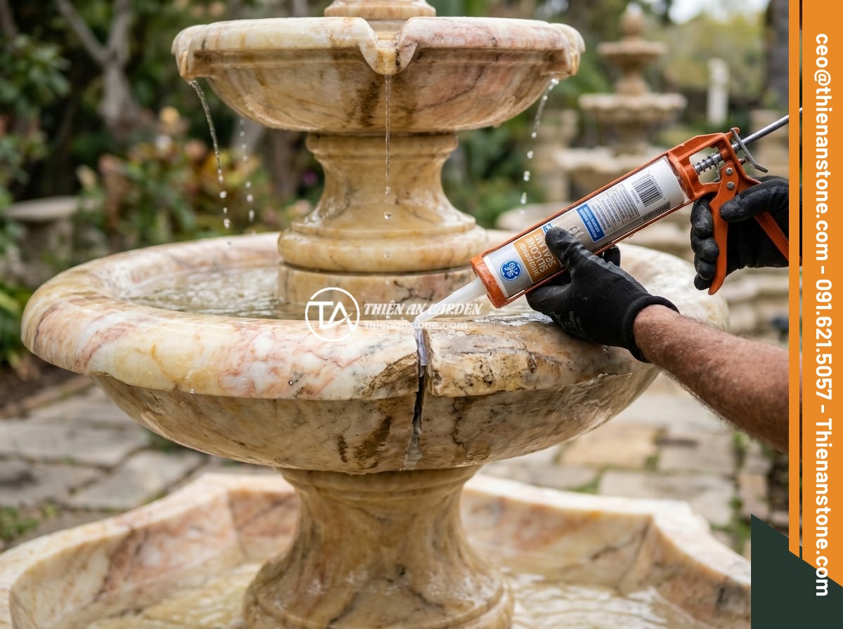 Đài Phun Nước Bằng Đá Bị Ồn Ào Khi Chạy: Nguyên Nhân & Cách Sửa Đơn Giản - Hands applying waterproof silicone sealant to repair a loose stone joint on a mu