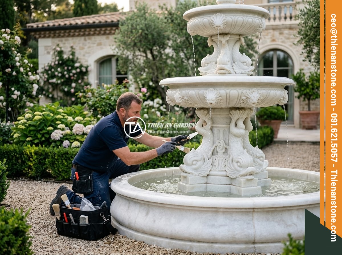 Đài Phun Nước Bằng Đá Bị Ồn Ào Khi Chạy: Nguyên Nhân & Cách Sửa Đơn Giản - Professional stone fountain technician inspecting and repairing a large ornate n
