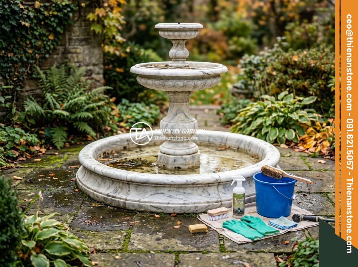 Đài Phun Nước Bằng Đá Bị Ồn Ào Khi Chạy: Nguyên Nhân & Cách Sửa Đơn Giản - Seasonal maintenance of a stone garden fountain, showing cleaning tools and supp