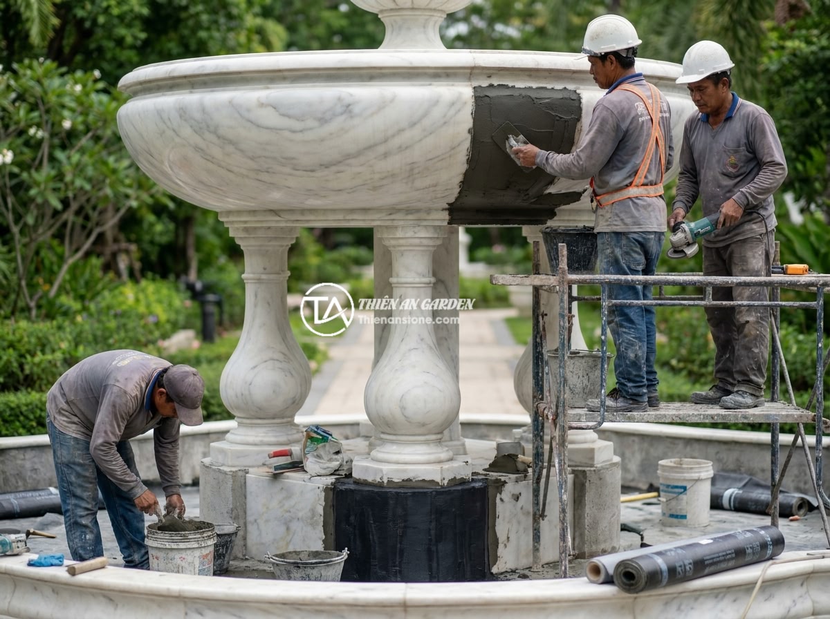 Đài Phun Nước Bằng Đá Bị Rò Rỉ Nước: Cách Tìm Và Khắc Phục Triệt Để - A team of professional stone masons repairing a large ornamental stone fountain 