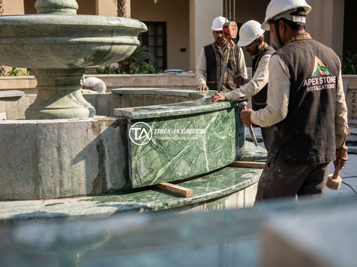 Đài Phun Nước Bằng Đá Bị Rò Rỉ Nước: Cách Tìm Và Khắc Phục Triệt Để - Professional stone fountain installation team from a reputable company working o