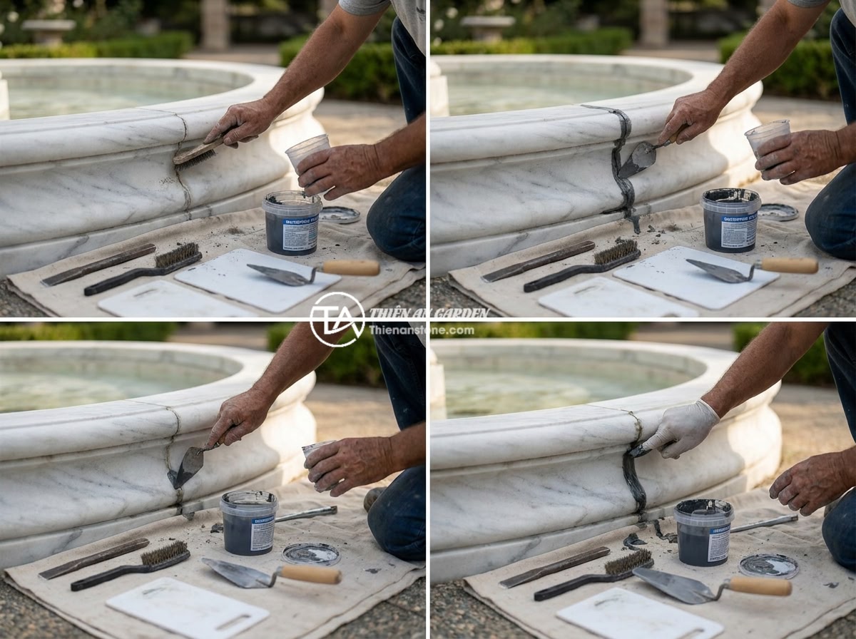 Đài Phun Nước Bằng Đá Bị Rò Rỉ Nước: Cách Tìm Và Khắc Phục Triệt Để - Step-by-step repair process of a stone fountain leak, showing a craftsman applyi