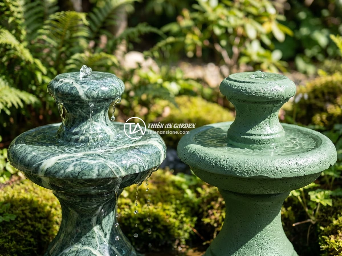Đài Phun Nước Bằng Đá Bị Rò Rỉ Nước: Cách Tìm Và Khắc Phục Triệt Để - Side-by-side comparison of a natural stone fountain and an artificial stone foun
