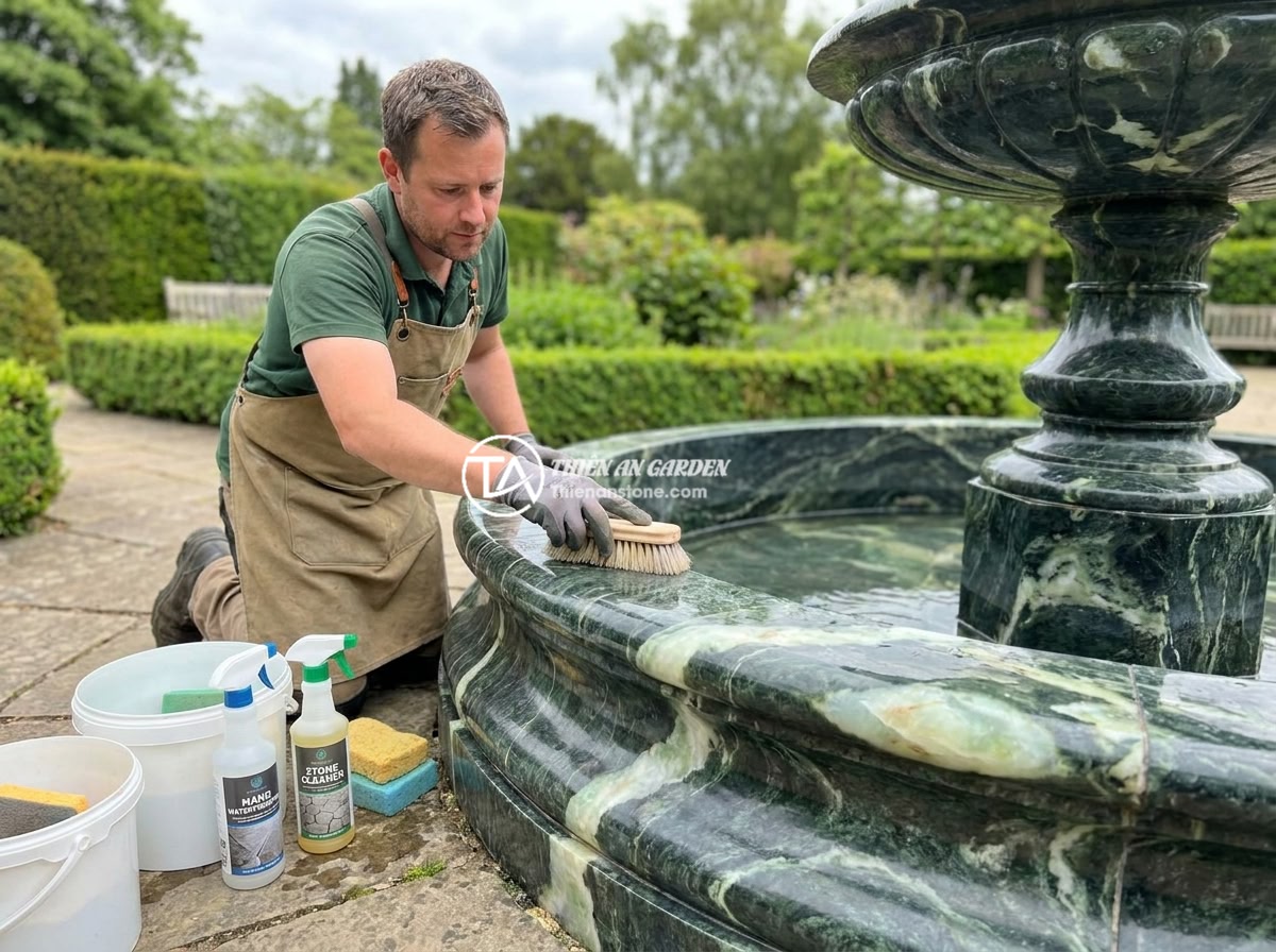 Đài Phun Nước Bằng Đá Bị Rò Rỉ Nước: Cách Tìm Và Khắc Phục Triệt Để - A garden maintenance worker cleaning a large ornamental stone fountain with a so