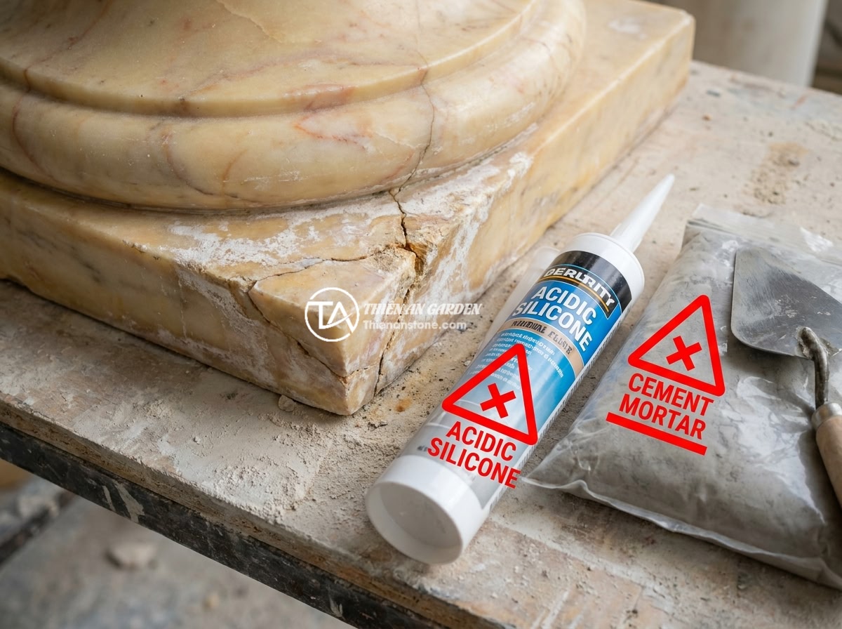 Đài Phun Nước Bằng Đá Bị Rò Rỉ Nước: Cách Tìm Và Khắc Phục Triệt Để - Common mistakes in DIY stone fountain repair, showing wrong materials like acidi