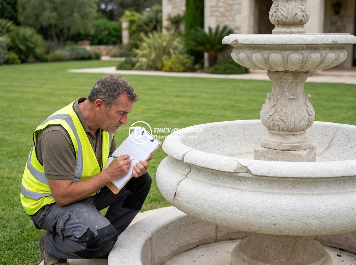 Đài Phun Nước Bằng Đá Bị Rò Rỉ Nước: Cách Tìm Và Khắc Phục Triệt Để - A professional stone fountain repair quotation scene showing a contractor inspec