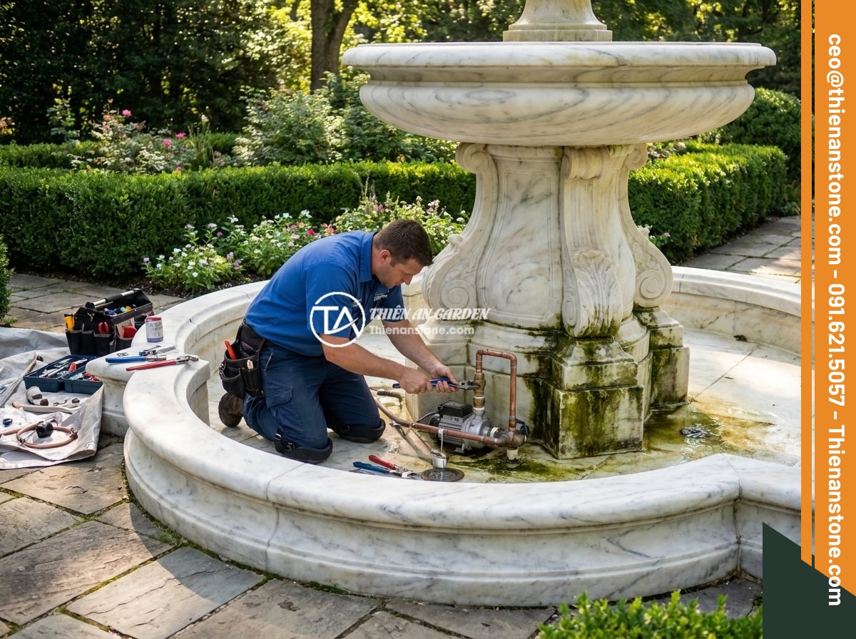 Đài Phun Nước Bằng Đá Bị Tắc Nước: Nguyên Nhân Phổ Biến Và Cách Sửa Nhanh - A professional technician in uniform carefully repairing the internal piping sys