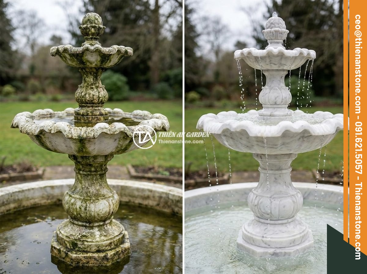 Đài Phun Nước Bằng Đá Bị Tắc Nước: Nguyên Nhân Phổ Biến Và Cách Sửa Nhanh - Before and after comparison of a stone fountain cleaning process, left side show
