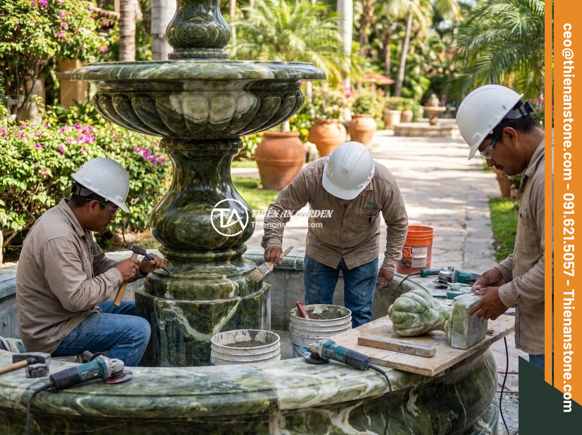Đài Phun Nước Bằng Đá Bị Tắc Nước: Nguyên Nhân Phổ Biến Và Cách Sửa Nhanh - A professional stone fountain repair crew working on a large ornate natural ston