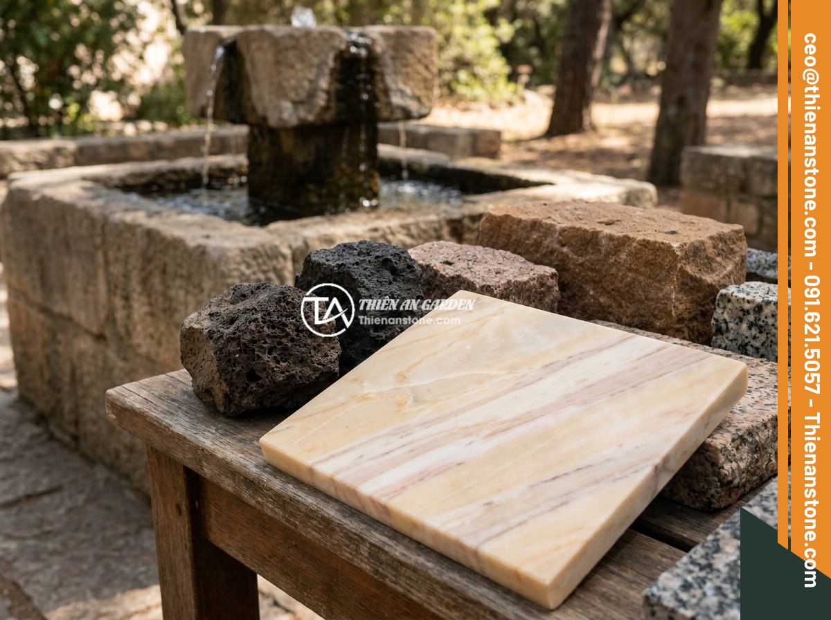 Đài Phun Nước Bằng Đá Bị Tắc Nước: Nguyên Nhân Phổ Biến Và Cách Sửa Nhanh - Different types of natural stone samples including granite, marble, sandstone an