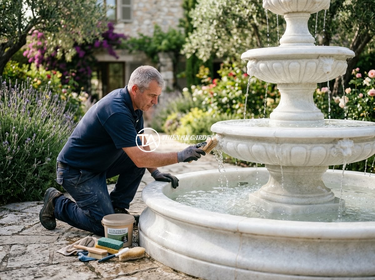 Đài Phun Nước Bằng Đá Cho Biệt Thự: Gợi Ý Thiết Kế & Bố Trí Tối Ưu Phong Thủy - A maintenance worker carefully cleaning and polishing a natural stone water foun