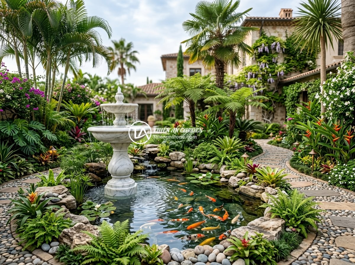 Đài Phun Nước Bằng Đá Cho Biệt Thự: Gợi Ý Thiết Kế & Bố Trí Tối Ưu Phong Thủy - A harmonious villa garden landscape featuring a natural stone water fountain as 