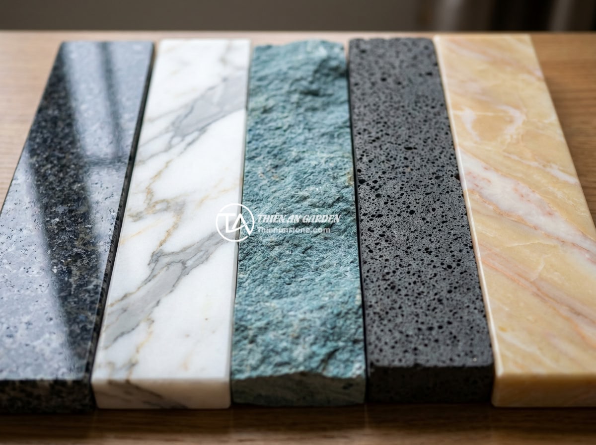 Đài Phun Nước Bằng Đá Cho Biệt Thự: Gợi Ý Thiết Kế & Bố Trí Tối Ưu Phong Thủy - Close-up of different types of natural stones used for water fountains including