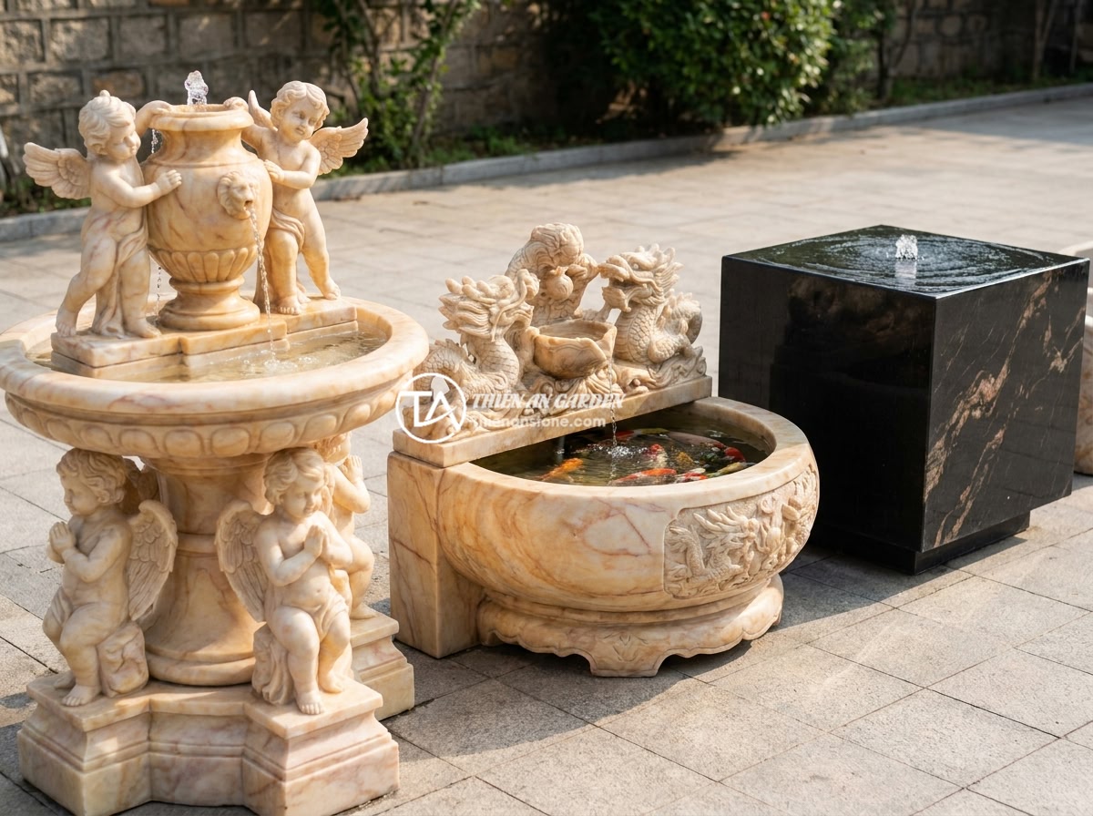 Đài Phun Nước Bằng Đá Cho Biệt Thự: Gợi Ý Thiết Kế & Bố Trí Tối Ưu Phong Thủy - Three different stone water fountain designs side by side: a multi-tiered Europe