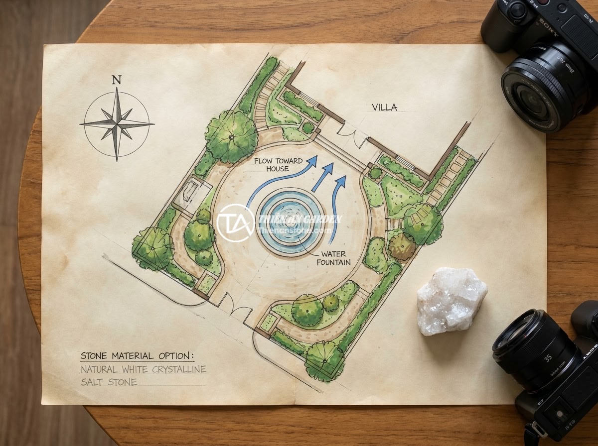 Đài Phun Nước Bằng Đá Cho Biệt Thự: Gợi Ý Thiết Kế & Bố Trí Tối Ưu Phong Thủy - An aerial view diagram showing the optimal feng shui placement of a stone water 