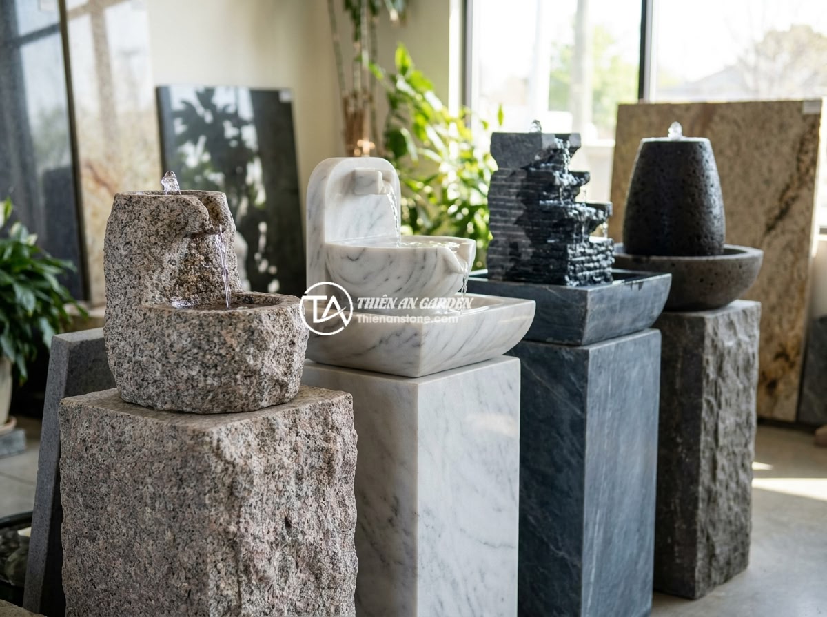 Đài Phun Nước Bằng Đá Cho Biệt Thự: Gợi Ý Thiết Kế & Bố Trí Tối Ưu Phong Thủy - A detailed comparison display of four types of natural stones - granite, marble,