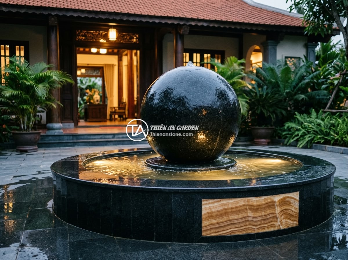 Đài Phun Nước Bằng Đá Cho Biệt Thự: Gợi Ý Thiết Kế & Bố Trí Tối Ưu Phong Thủy - A stunning sphere rolling stone fountain in dark polished granite, the heavy sto