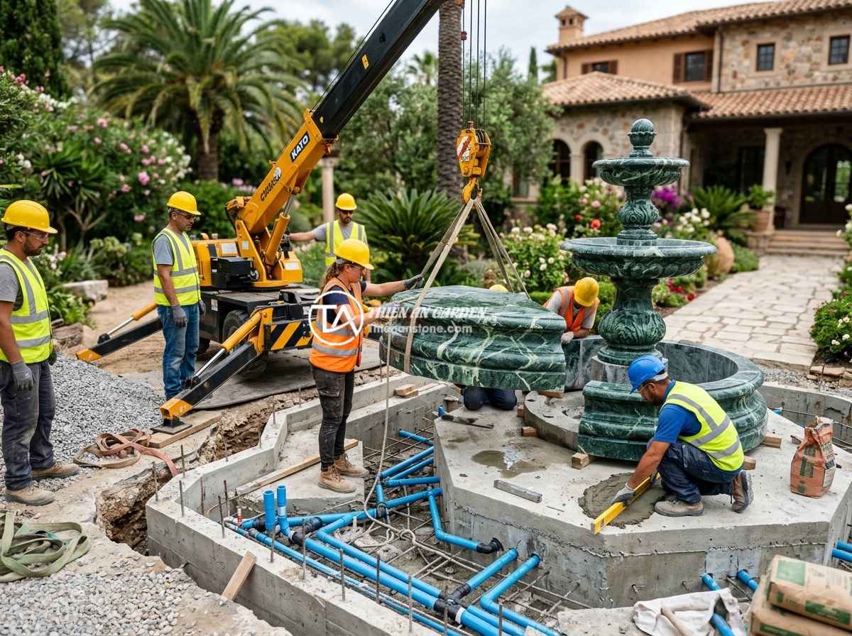 Đài Phun Nước Bằng Đá Cho Biệt Thự: Gợi Ý Thiết Kế & Bố Trí Tối Ưu Phong Thủy - A professional construction team installing a large multi-tiered stone water fou