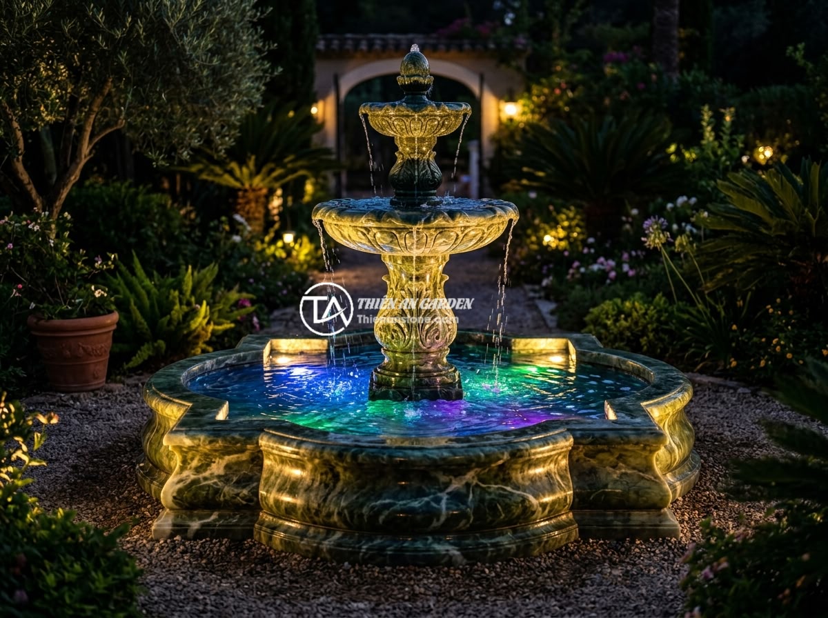 Đài Phun Nước Bằng Đá Cho Biệt Thự: Gợi Ý Thiết Kế & Bố Trí Tối Ưu Phong Thủy - A beautifully illuminated stone water fountain at night in a villa garden, with 