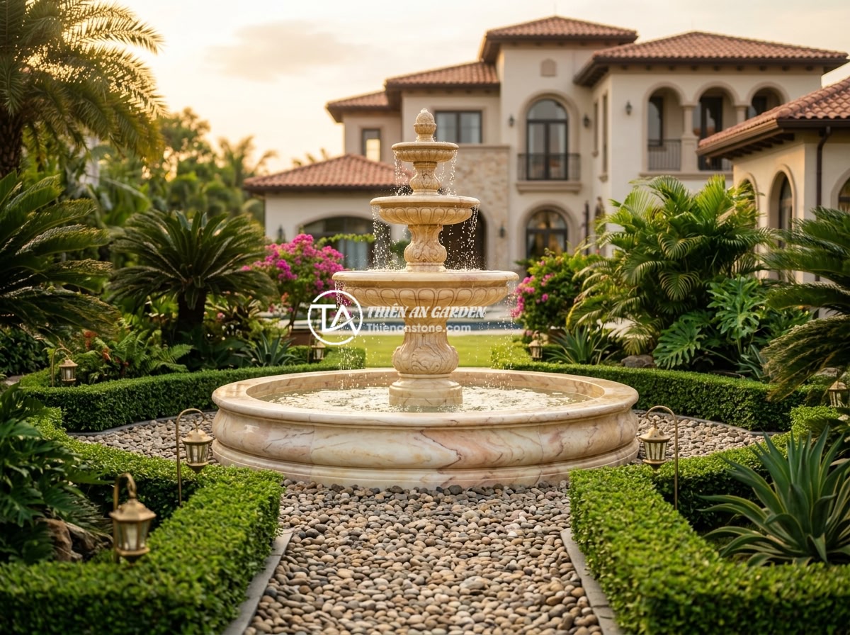 Đài Phun Nước Bằng Đá Cho Biệt Thự: Gợi Ý Thiết Kế & Bố Trí Tối Ưu Phong Thủy - An elegant completed stone water fountain project in a luxury villa compound, sh