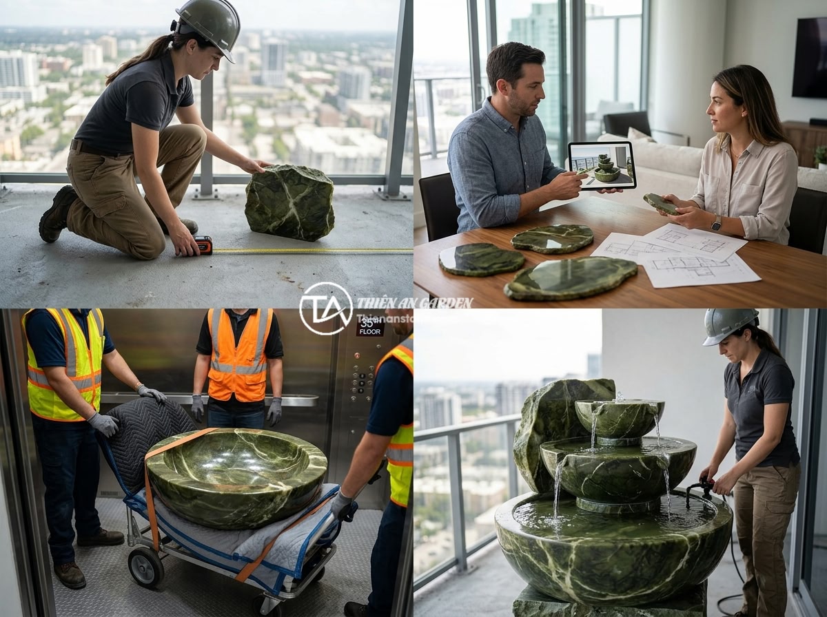 Đài Phun Nước Bằng Đá Cho Chung Cư: Có Nên Lắp & Top Mẫu Phù Hợp Ban Công - Step-by-step installation process of a stone fountain on a high-rise apartment b