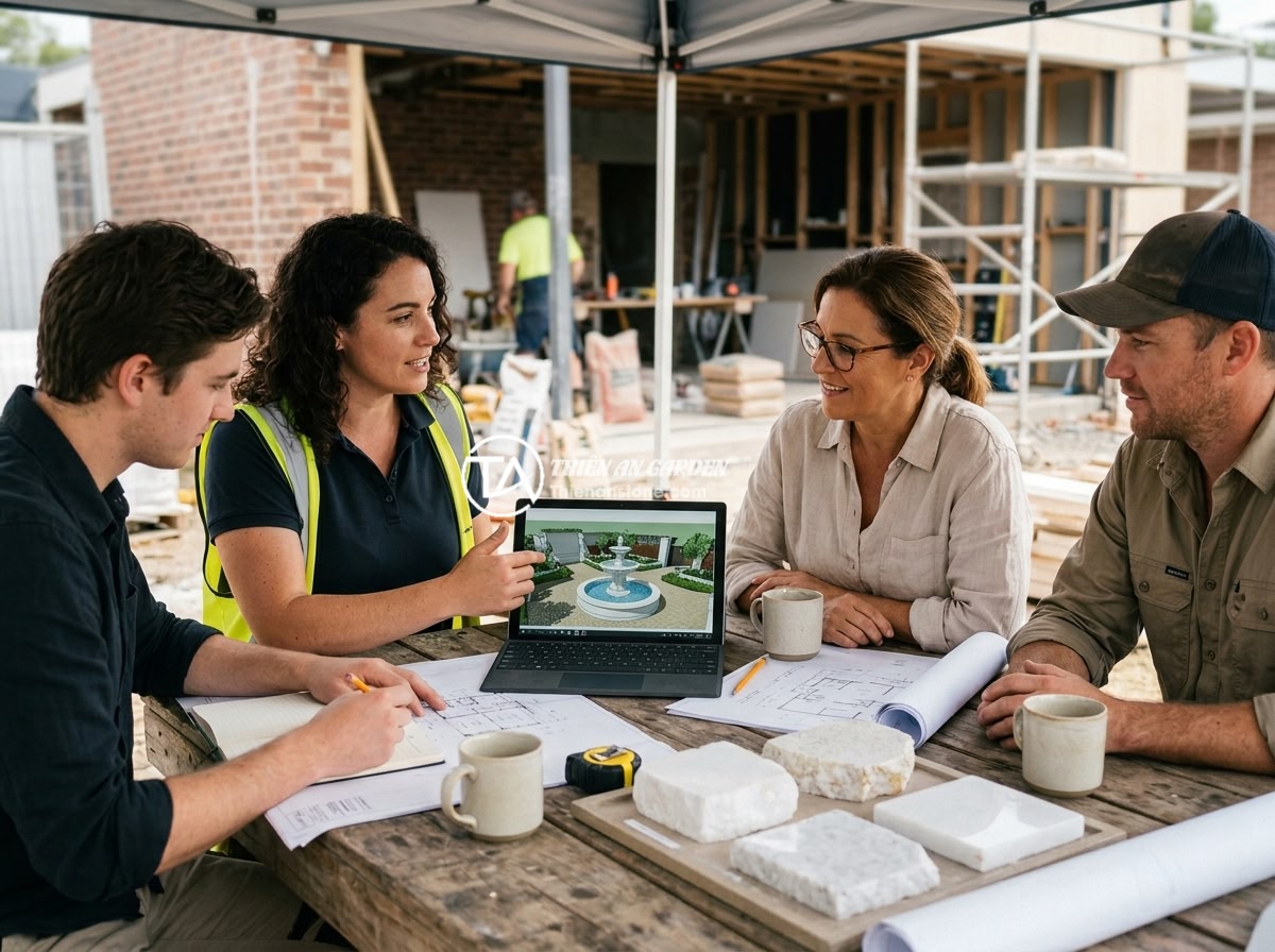 Đài Phun Nước Bằng Đá Cho Quán Cafe Sân Vườn: Tạo Điểm Nhấn & Thu Hút Khách - A professional landscape design team from a stone company consulting with a cafe