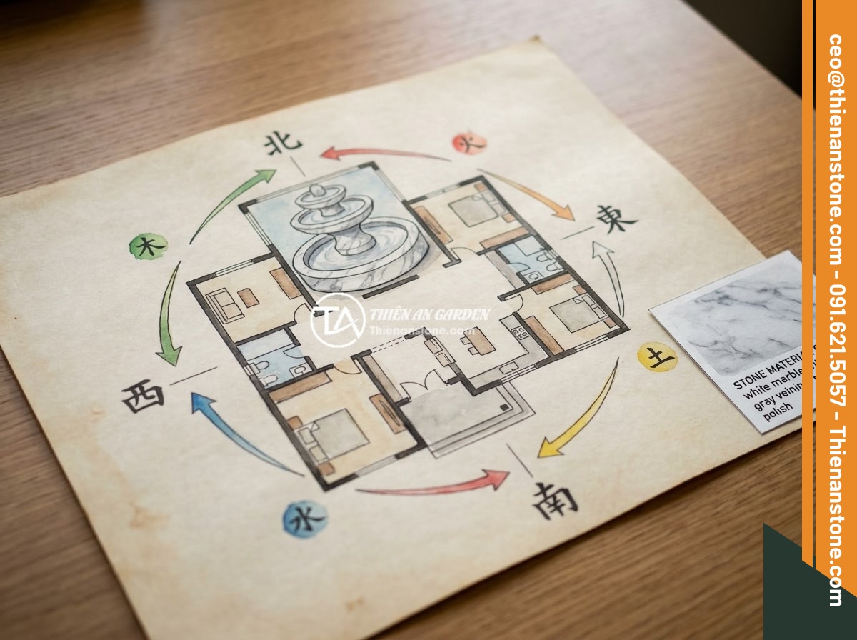 Đài Phun Nước Bằng Đá Là Gì? Cấu Tạo, Nguyên Lý Hoạt Động Và Lợi Ích Phong Thủy - Hình 6 Đài Phun Nước Bằng Đá Là Gì? Cấu Tạo, Nguyên Lý Hoạt Động Và Lợi Ích Phong Thủy - Feng shui diagram showing optimal placement of stone water fountain in a residen