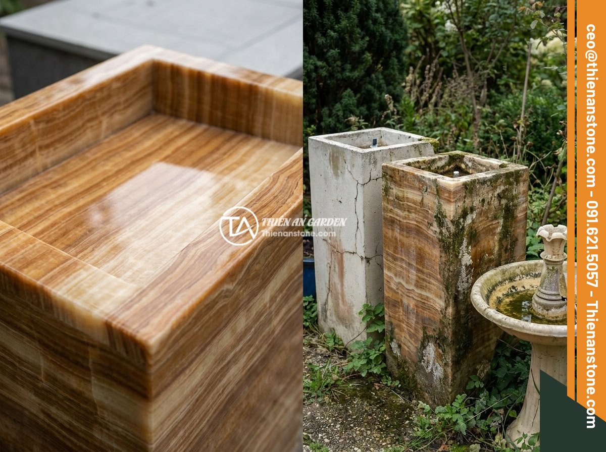 Đài Phun Nước Bằng Đá Là Gì? Cấu Tạo, Nguyên Lý Hoạt Động Và Lợi Ích Phong Thủy - Hình 7 Đài Phun Nước Bằng Đá Là Gì? Cấu Tạo, Nguyên Lý Hoạt Động Và Lợi Ích Phong Thủy - Comparison photo of stone water fountain versus concrete and plastic fountains a