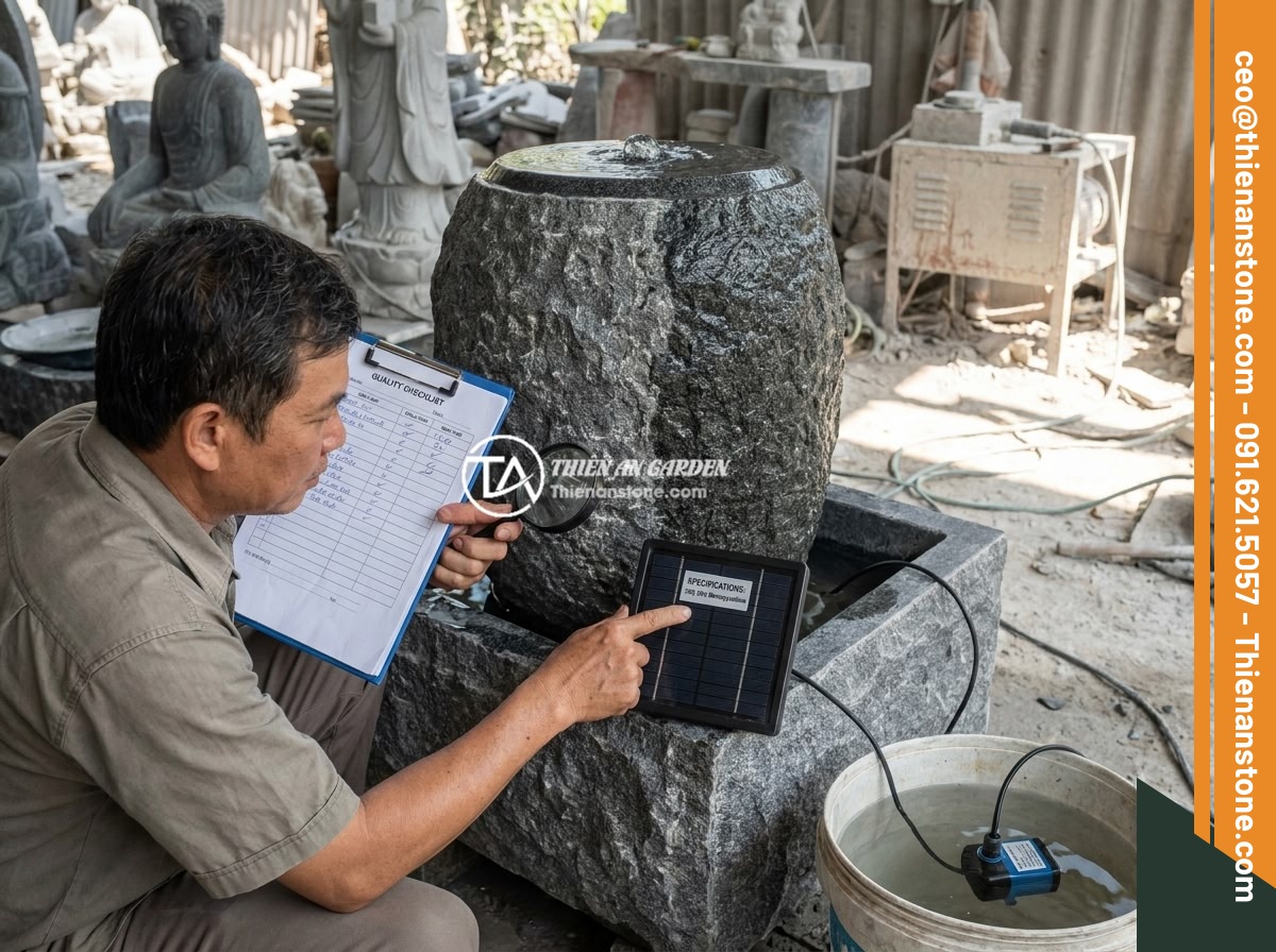 Đài Phun Nước Bằng Đá Năng Lượng Mặt Trời: Xu Hướng Xanh Thông Minh 2026 - A customer inspecting the quality of a granite solar water fountain at a Vietnam