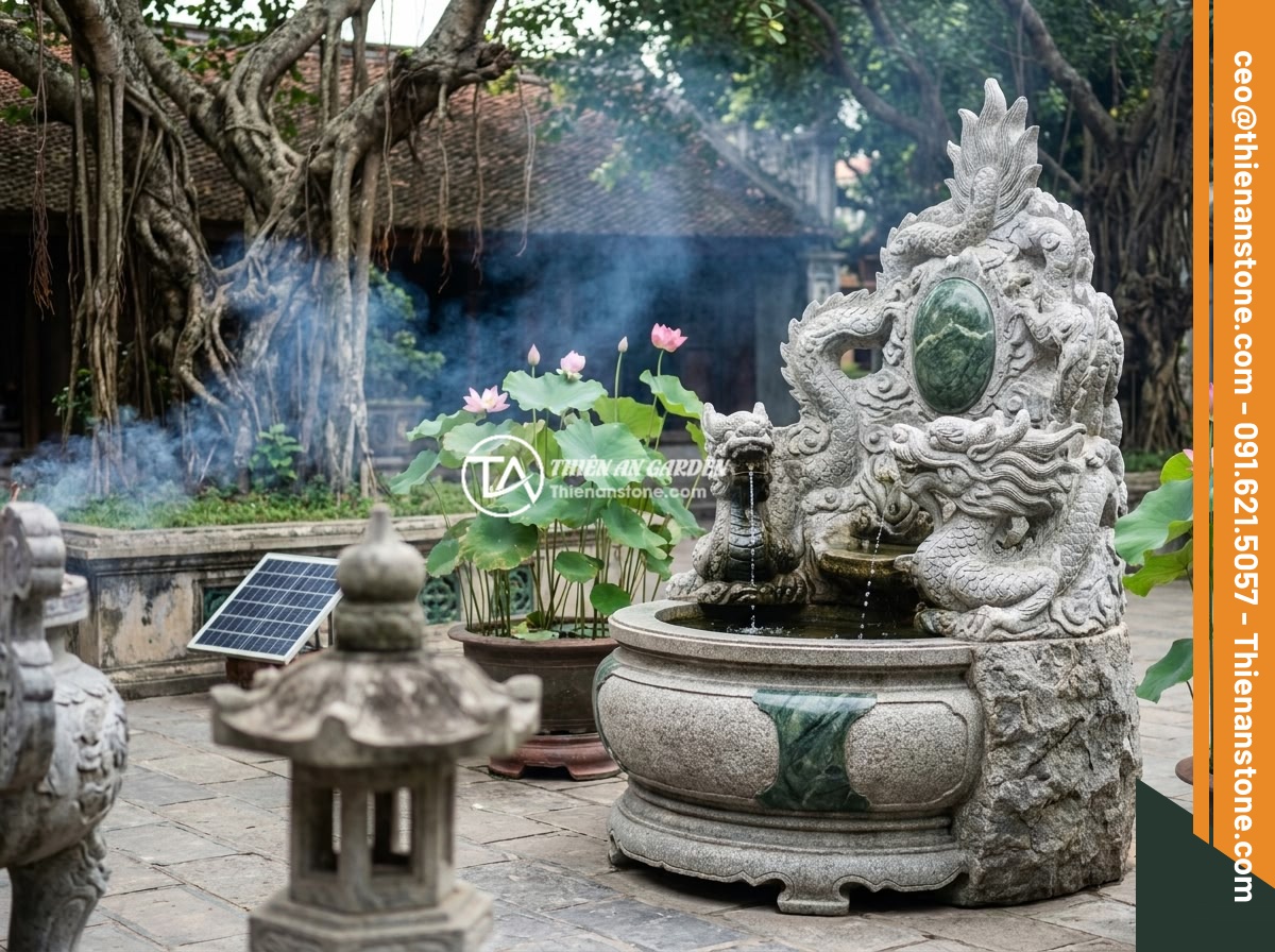 Đài Phun Nước Bằng Đá Năng Lượng Mặt Trời: Xu Hướng Xanh Thông Minh 2026 - A magnificent solar-powered stone water fountain with intricate dragon carvings 
