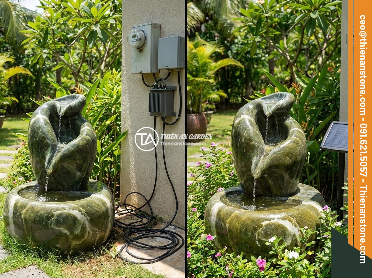 Đài Phun Nước Bằng Đá Năng Lượng Mặt Trời: Xu Hướng Xanh Thông Minh 2026 - A split-screen comparison image showing the same Vietnamese villa garden with tw