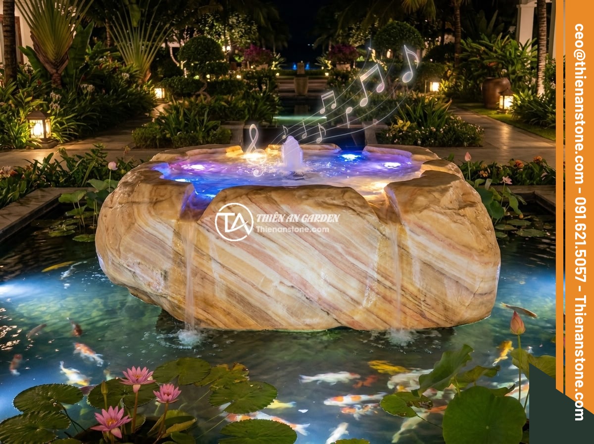 Đài Phun Nước Bằng Đá Năng Lượng Mặt Trời: Xu Hướng Xanh Thông Minh 2026 - A stunning nighttime scene of a solar-powered natural stone water fountain with 