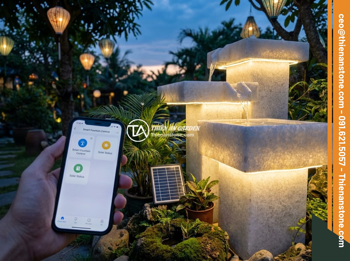 Đài Phun Nước Bằng Đá Năng Lượng Mặt Trời: Xu Hướng Xanh Thông Minh 2026 - A futuristic smart solar-powered stone water fountain in a luxury Vietnamese vil