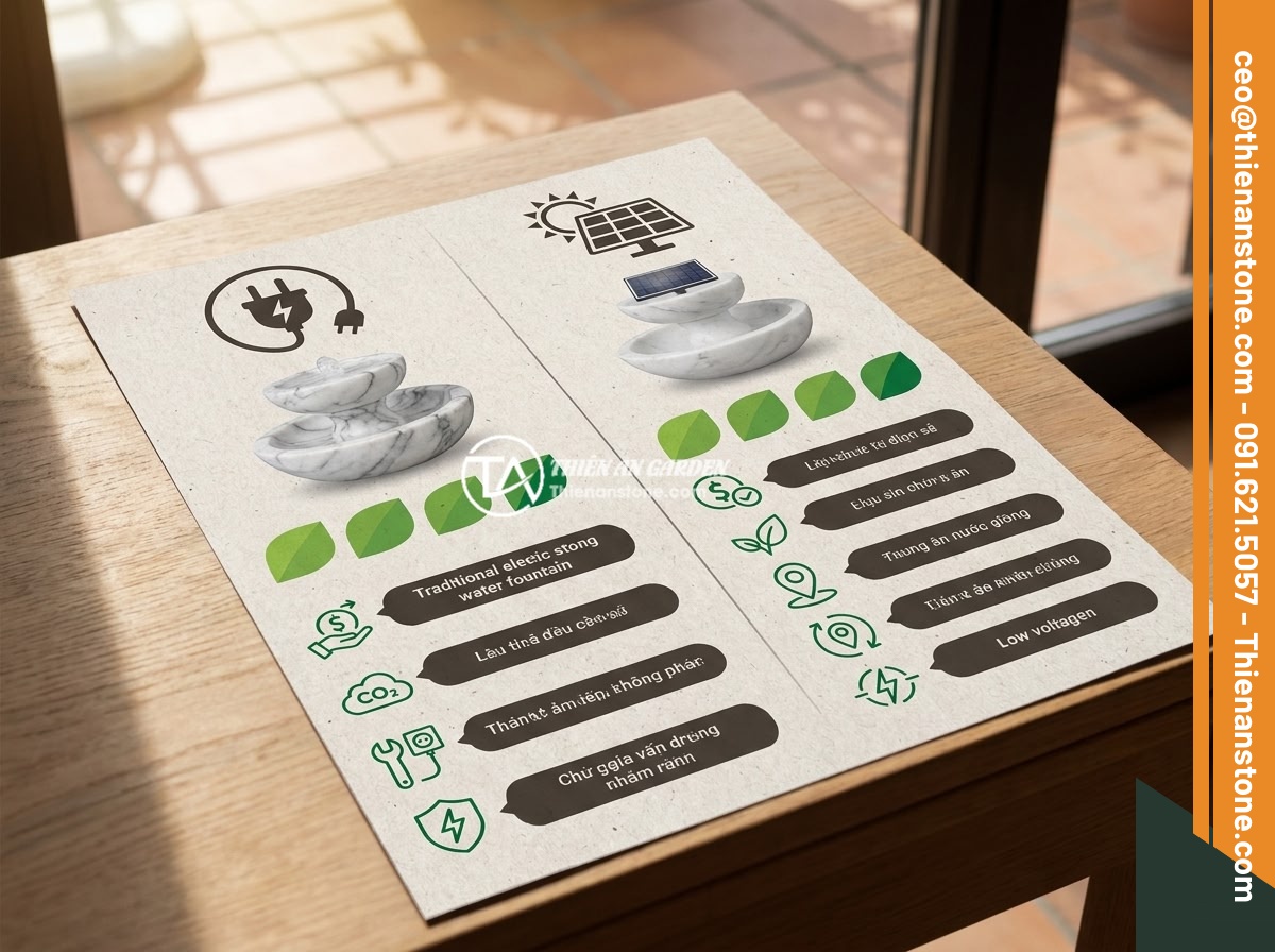 Đài Phun Nước Bằng Đá Năng Lượng Mặt Trời: Xu Hướng Xanh Thông Minh 2026 - A comparison infographic showing a traditional electric stone water fountain vs 