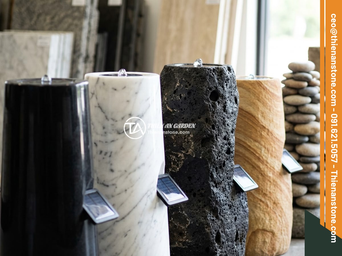 Đài Phun Nước Bằng Đá Năng Lượng Mặt Trời: Xu Hướng Xanh Thông Minh 2026 - A collection of five different natural stone solar water fountains side by side 
