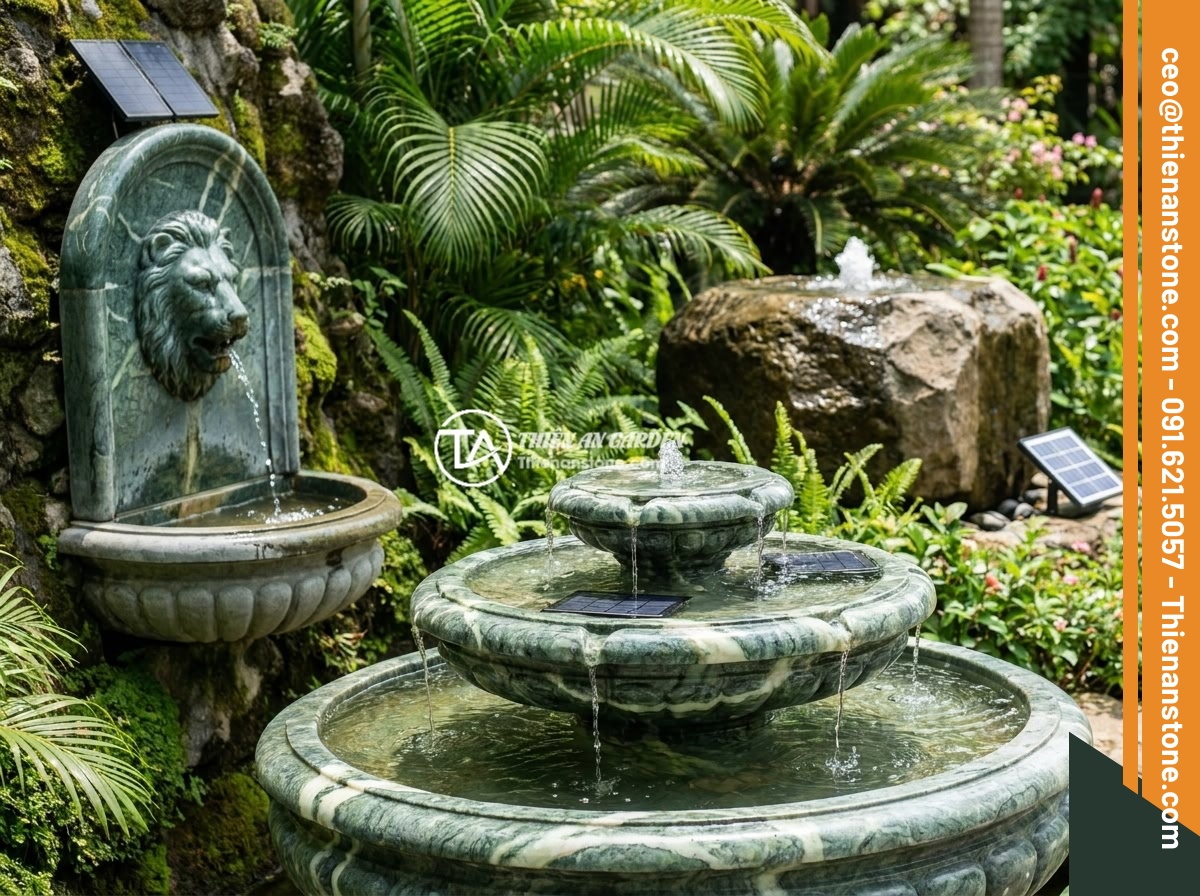 Đài Phun Nước Bằng Đá Năng Lượng Mặt Trời: Xu Hướng Xanh Thông Minh 2026 - Three beautiful solar stone water fountain designs displayed in an elegant garde