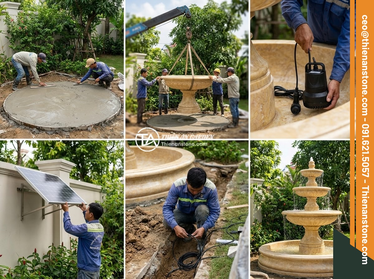 Đài Phun Nước Bằng Đá Năng Lượng Mặt Trời: Xu Hướng Xanh Thông Minh 2026 - A step-by-step installation process of a large three-tiered granite solar water 